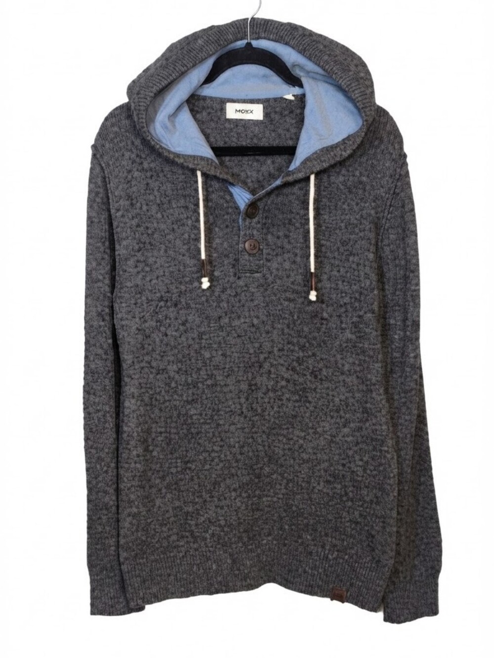 Mexx Grey Melange Wool Blend Henley Hoodie Sweater Men Size Medium Fall Winter